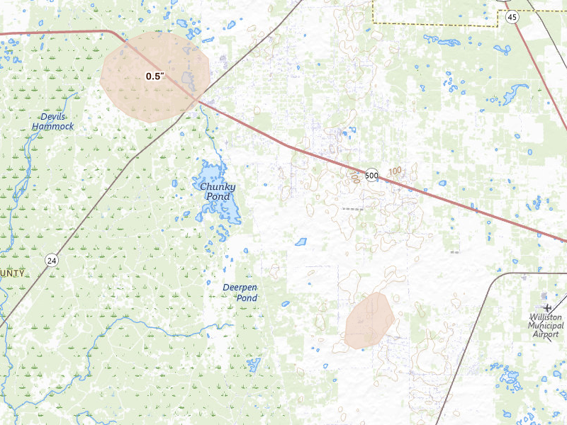 Radar-estimated hail-size map of the storm over Bronson, FL on Jun 25, 2026
