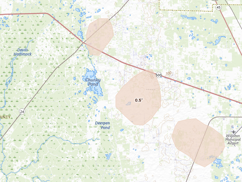Radar-estimated hail-size map of the storm over Bronson, FL on Jun 30, 2026