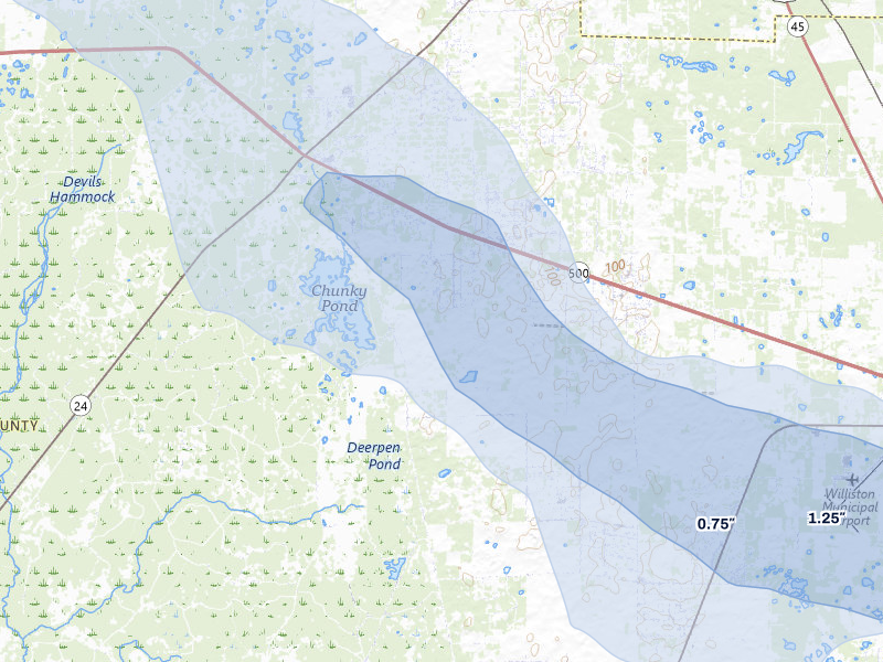 NEXRAD radar-signature map of the hail storm over Bronson, FL on Jun 30, 2026