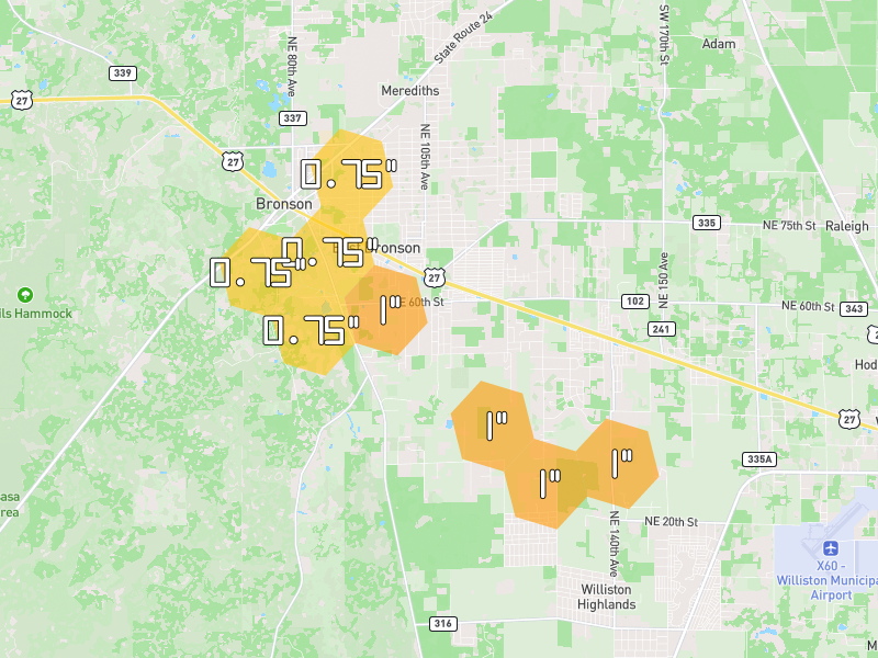 Hail map of Bronson, FL on Jun 30, 2026, hail up to 1"