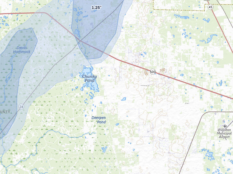 NEXRAD radar-signature map of the hail storm over Bronson, FL on Jul 10, 2026