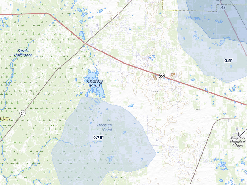NEXRAD radar-signature map of the hail storm over Bronson, FL on Jul 29, 2026