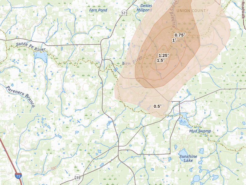 Radar-estimated hail-size map of the storm over Brooker, FL on May 23, 2026