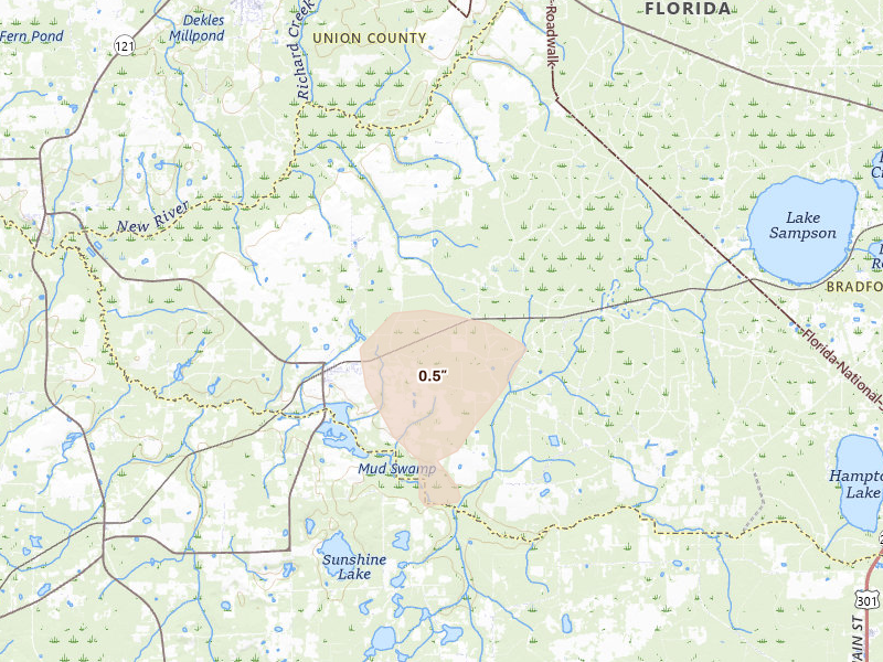 Radar-estimated hail-size map of the storm over Brooker, FL on Aug 13, 2026