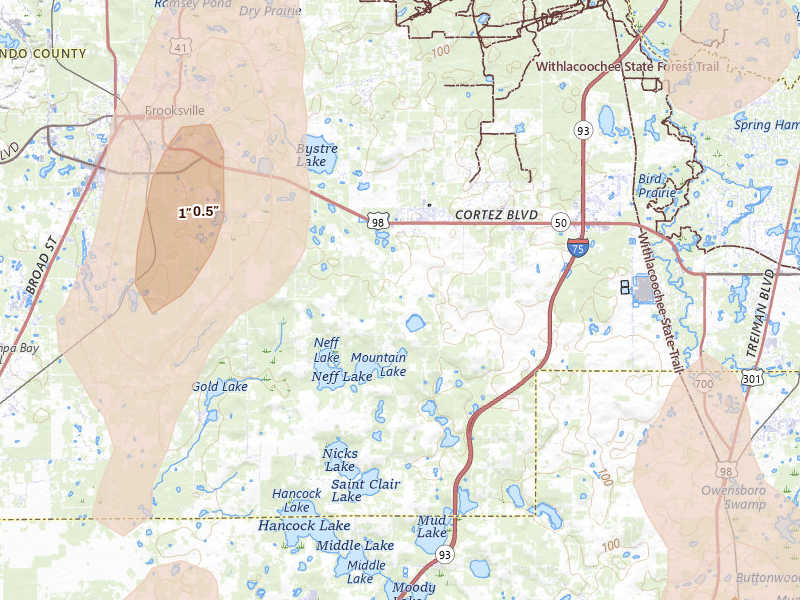 Radar-estimated hail-size map of the storm over Brooksville, FL on Mar 15, 2026