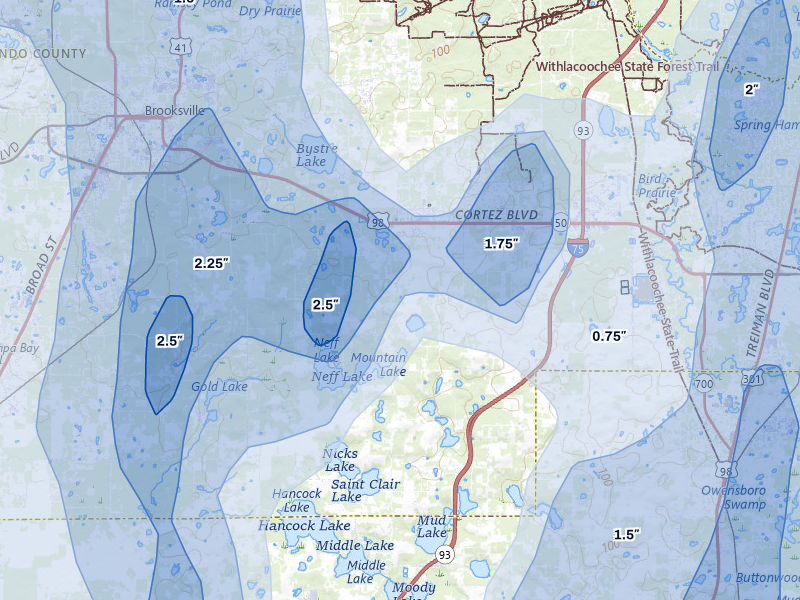 NEXRAD radar-signature map of the hail over Brooksville, FL