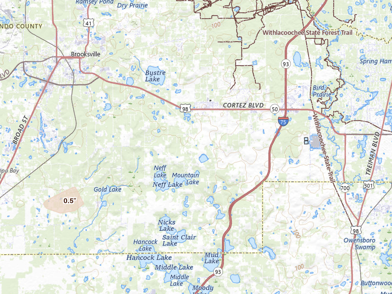 Radar-estimated hail-size map of the storm over Brooksville, FL on Jul 7, 2026