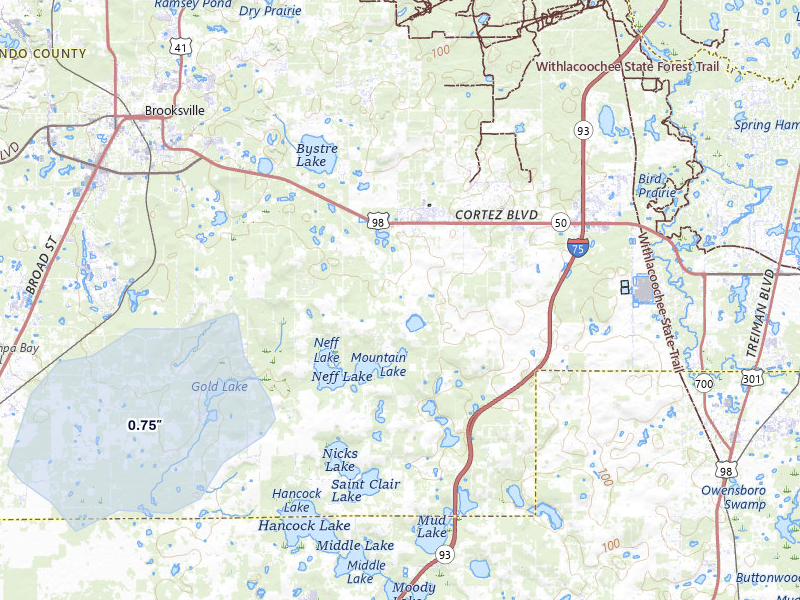 NEXRAD radar-signature map of the hail storm over Brooksville, FL on Jul 7, 2026
