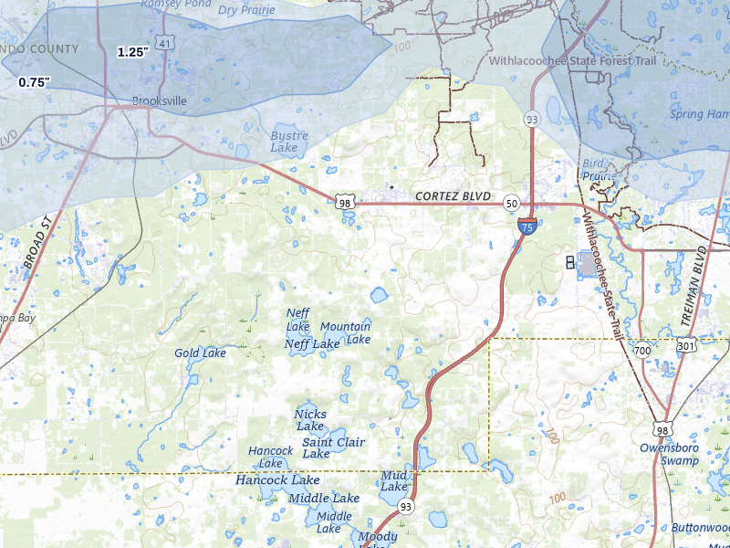 NEXRAD radar-signature map of the hail storm over Brooksville, FL on Jul 10, 2026