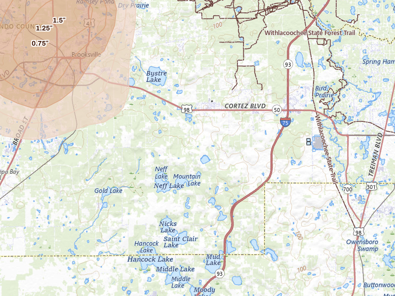 Radar-estimated hail-size map of the storm over Brooksville, FL on Jul 17, 2026
