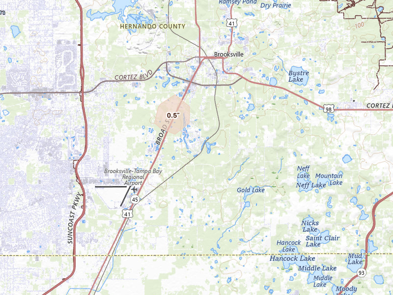 Radar-estimated hail-size map of the storm over Brooksville, FL on Aug 6, 2026