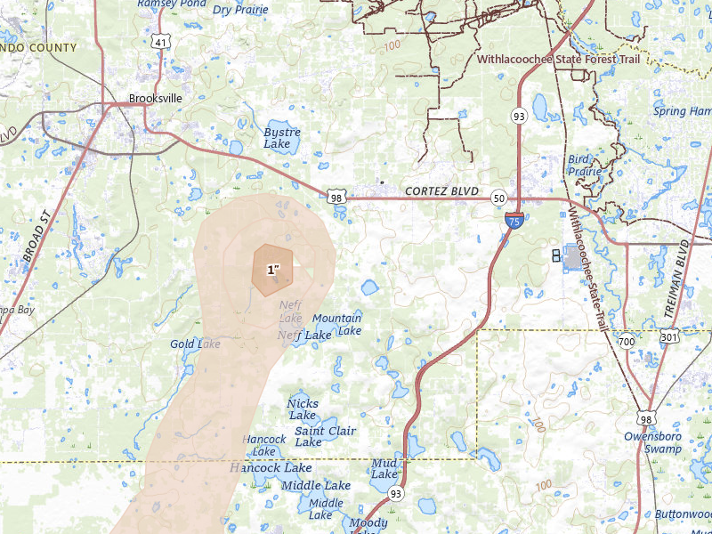 Radar-estimated hail-size map of the storm over Brooksville, FL on Aug 9, 2026