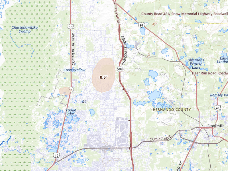 Radar-estimated hail-size map of the storm over Brooksville, FL on Aug 19, 2026