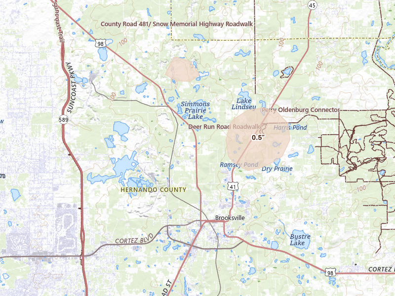 Radar-estimated hail-size map of the storm over Brooksville, FL on Aug 20, 2026