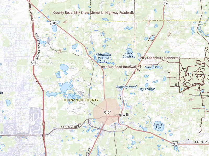 Radar-estimated hail-size map of the storm over Brooksville, FL on Aug 29, 2026