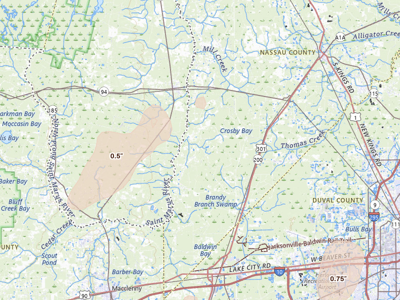 Radar-estimated hail-size map of the storm over Bryceville, FL