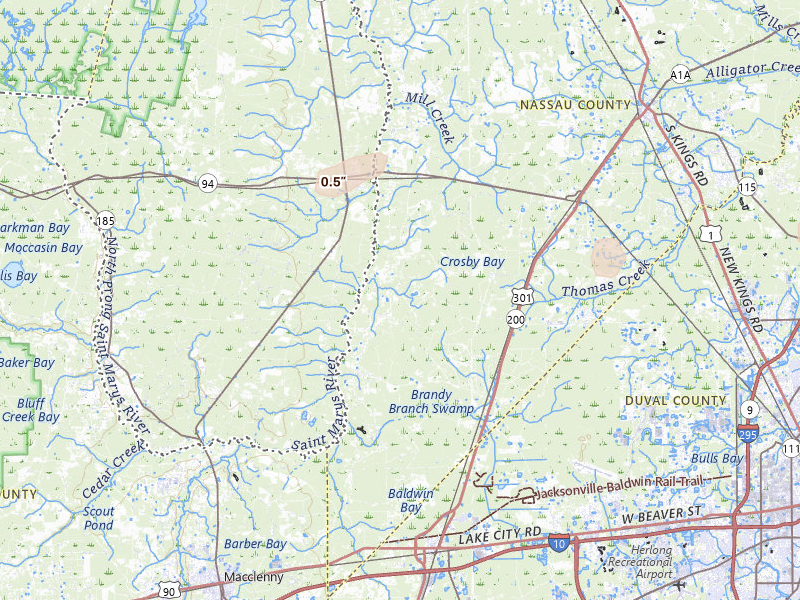 Radar-estimated hail-size map of the storm over Bryceville, FL on Jun 23, 2026