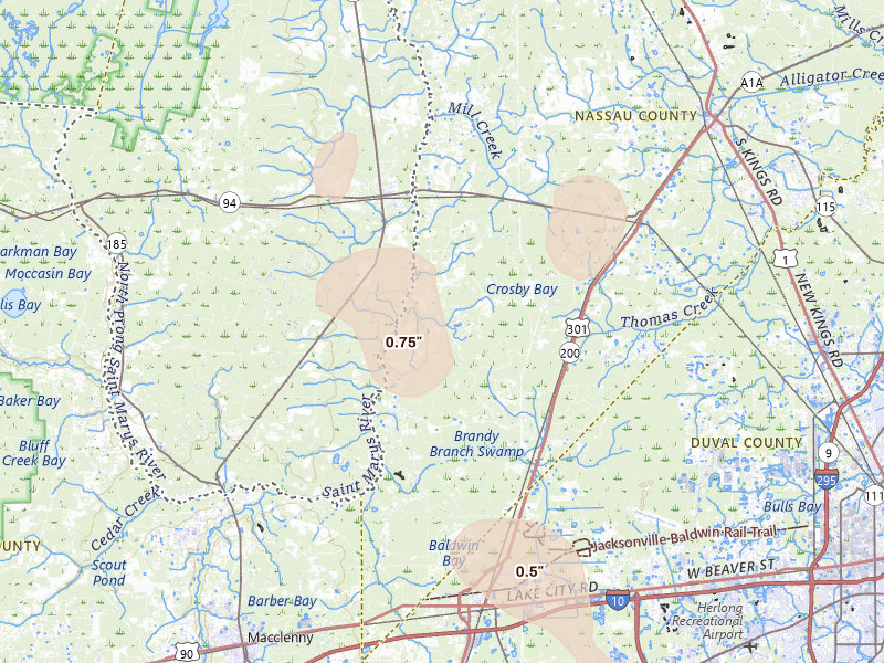 Radar-estimated hail-size map of the storm over Bryceville, FL on Jun 25, 2026