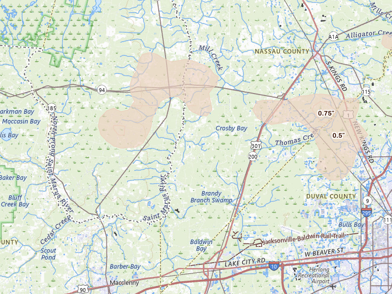 Radar-estimated hail-size map of the storm over Bryceville, FL on Jul 29, 2026