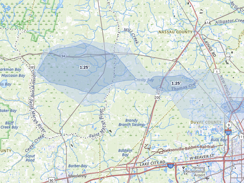 NEXRAD radar-signature map of the hail storm over Bryceville, FL on Jul 29, 2026