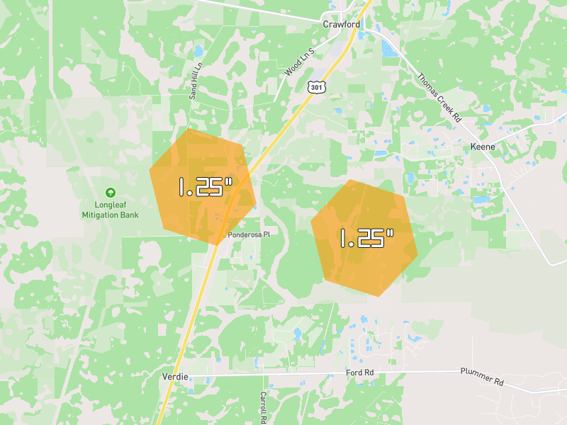 Hail map of Bryceville, FL on Jul 29, 2026, hail up to 1.25"