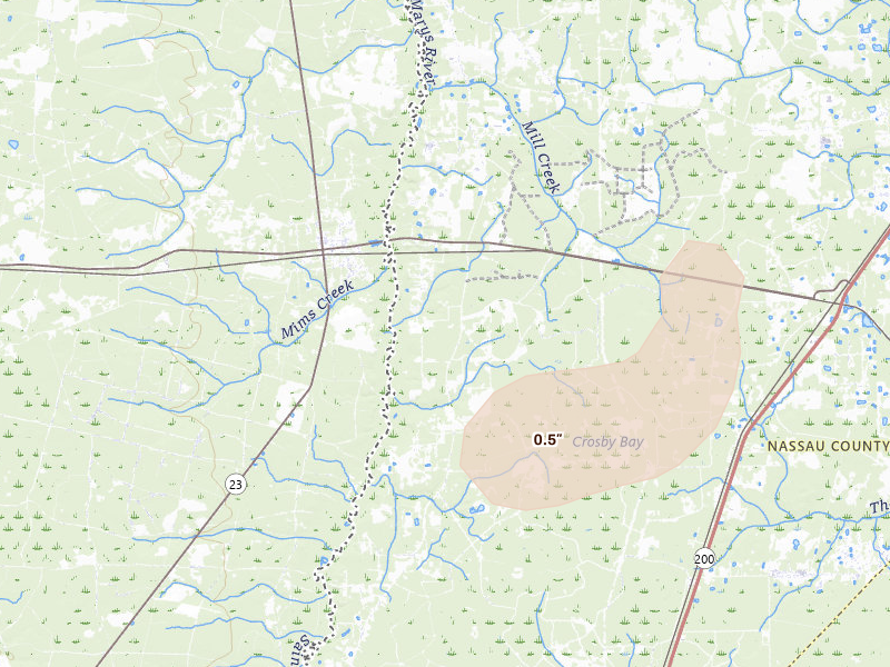 Radar-estimated hail-size map of the storm over Bryceville, FL on Aug 12, 2026