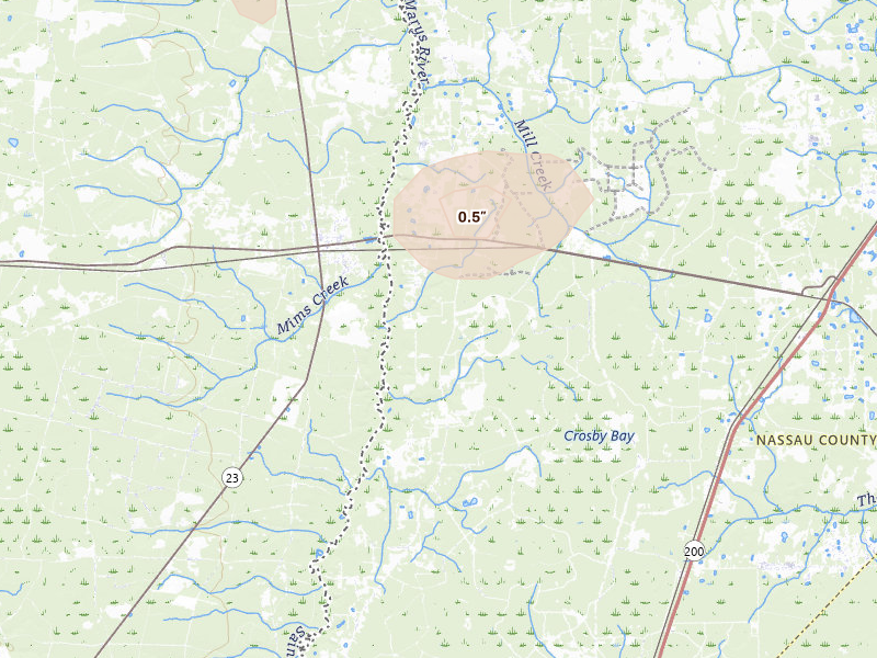 Radar-estimated hail-size map of the storm over Bryceville, FL on Aug 25, 2026
