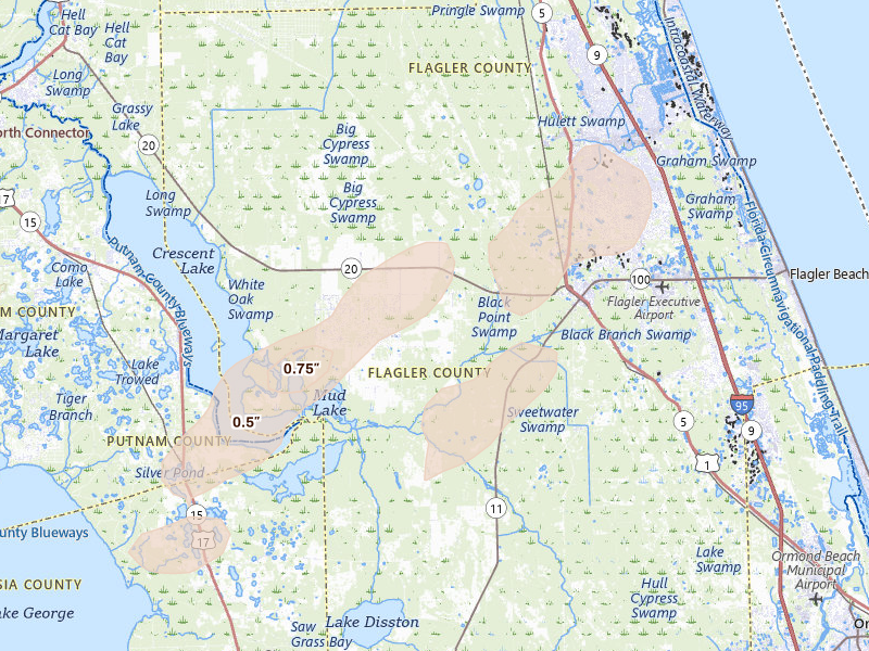 Radar-estimated hail-size map of the storm over Bunnell, FL on Mar 16, 2026