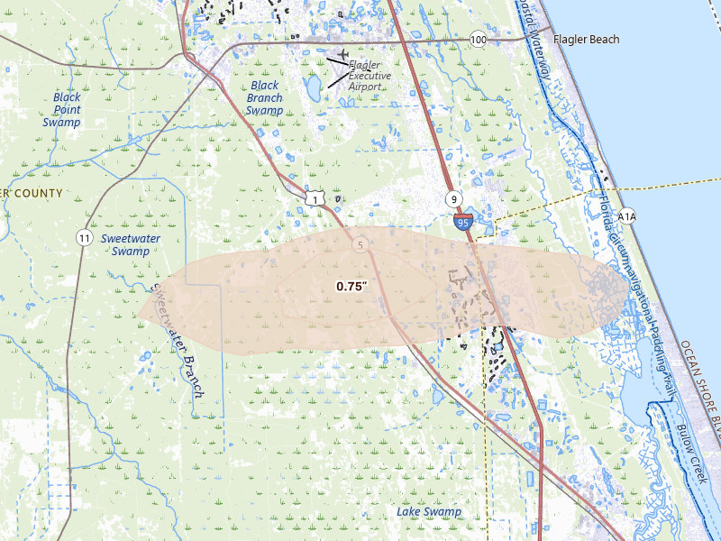 Radar-estimated hail-size map of the storm over Bunnell, FL on May 9, 2026