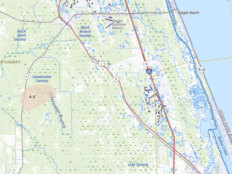 Radar-estimated hail-size map of the storm over Bunnell, FL on May 28, 2026