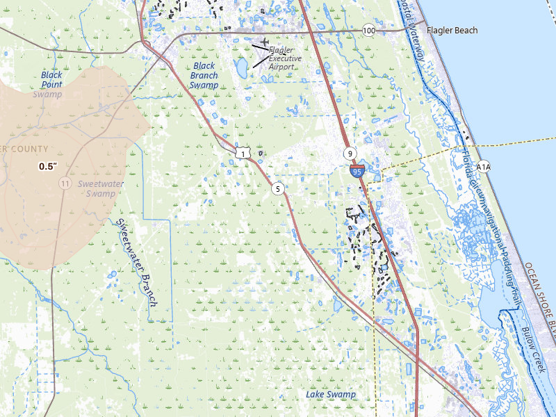 Radar-estimated hail-size map of the storm over Bunnell, FL on Jun 26, 2026