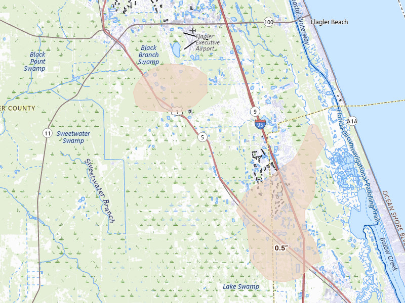 Radar-estimated hail-size map of the storm over Bunnell, FL on Jul 30, 2026