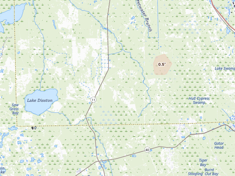Radar-estimated hail-size map of the storm over Bunnell, FL on Aug 8, 2026