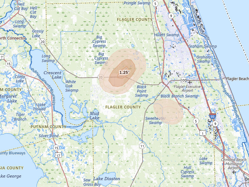 Radar-estimated hail-size map of the storm over Bunnell, FL on Aug 19, 2026