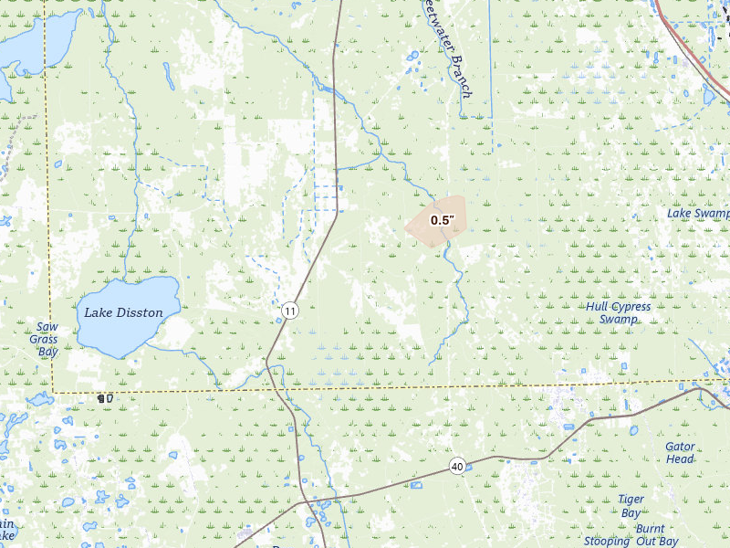Radar-estimated hail-size map of the storm over Bunnell, FL on Aug 25, 2026