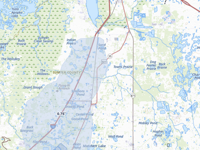 NEXRAD radar-signature map of the hail over Bushnell, FL