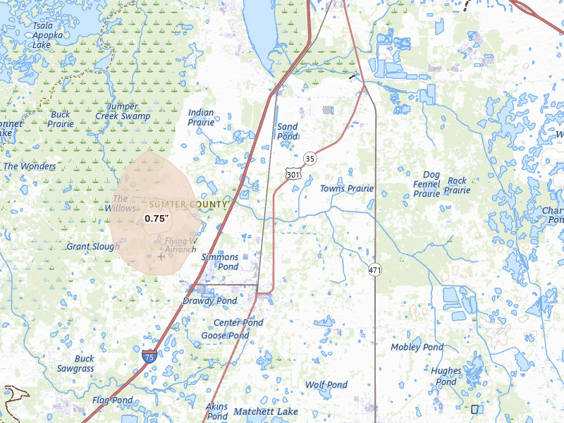 Radar-estimated hail-size map of the storm over Bushnell, FL on May 24, 2026