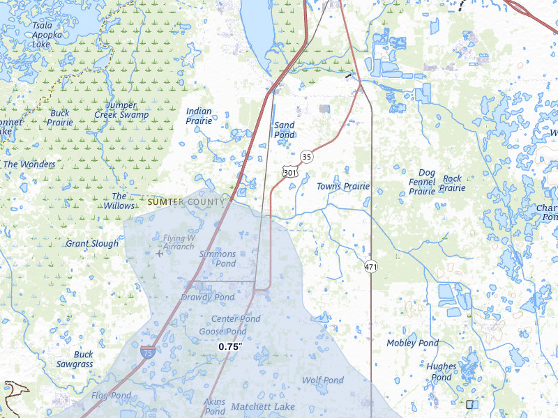 NEXRAD radar-signature map of the hail storm over Bushnell, FL on Jul 10, 2026