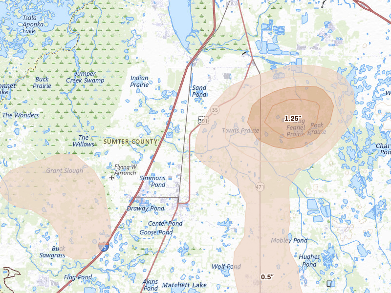 Radar-estimated hail-size map of the storm over Bushnell, FL on Jul 17, 2026