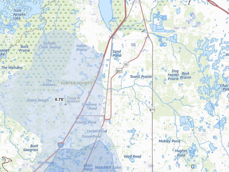 NEXRAD radar-signature map of the hail storm over Bushnell, FL on Aug 8, 2026