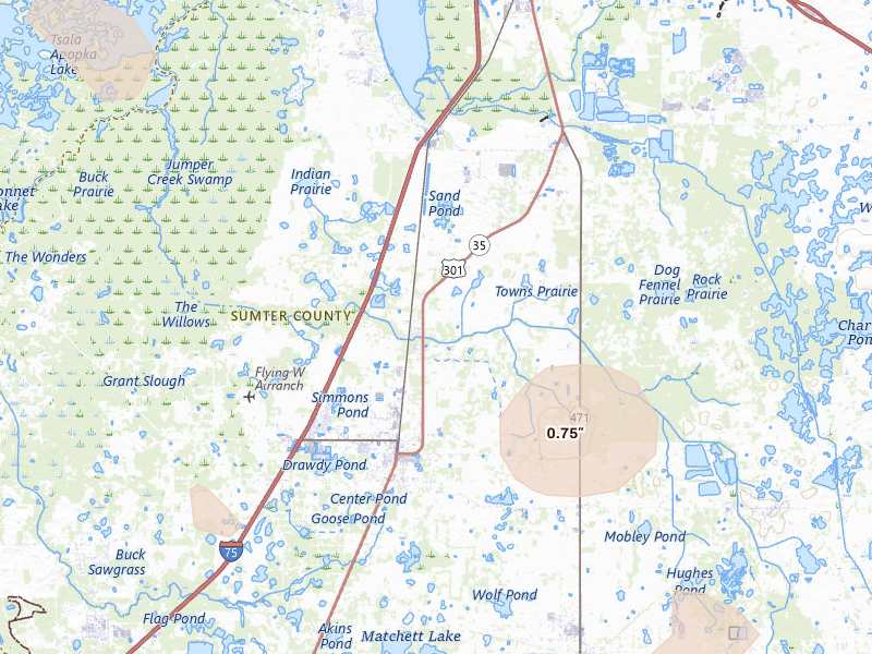 Radar-estimated hail-size map of the storm over Bushnell, FL on Aug 20, 2026