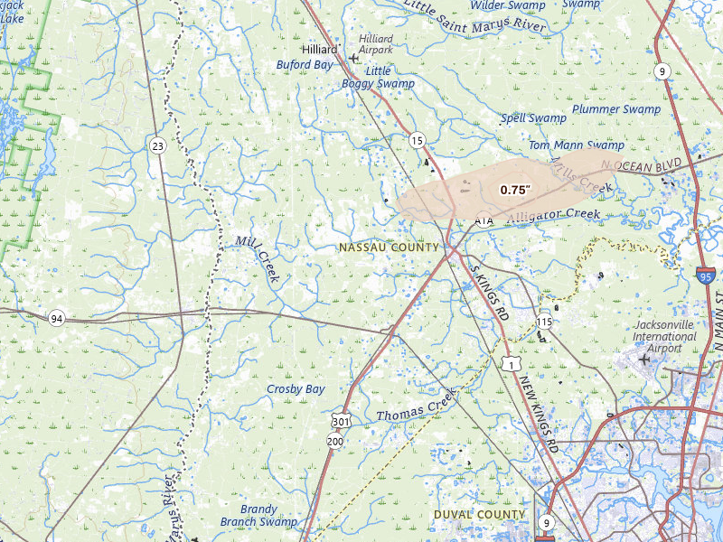Radar-estimated hail-size map of the storm over Callahan, FL on May 8, 2026