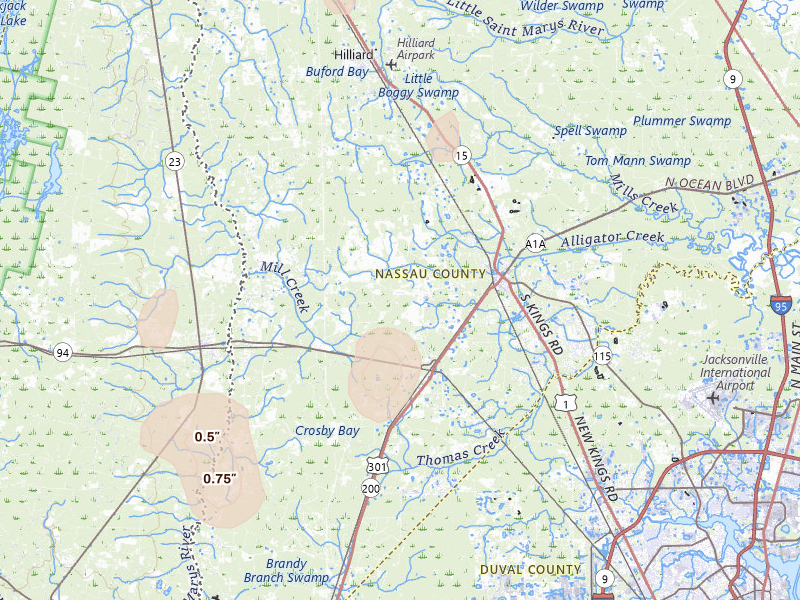 Radar-estimated hail-size map of the storm over Callahan, FL on Jun 25, 2026