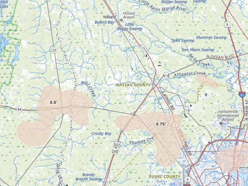 Radar-estimated hail-size map of the storm over Callahan, FL on Jul 29, 2026