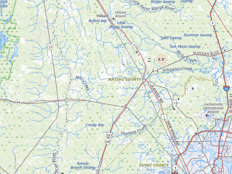 Radar-estimated hail-size map of the storm over Callahan, FL on Jul 31, 2026