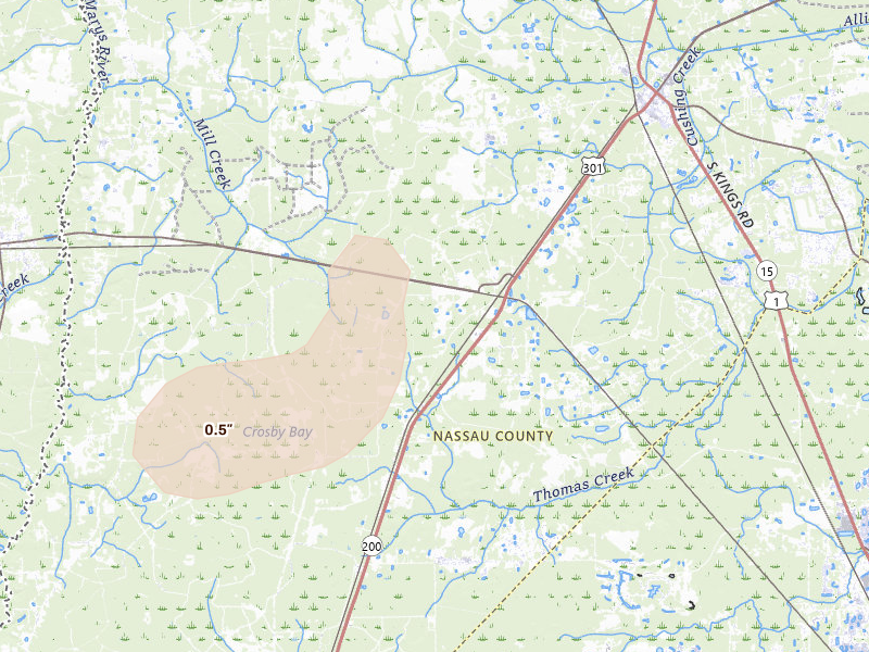 Radar-estimated hail-size map of the storm over Callahan, FL on Aug 12, 2026