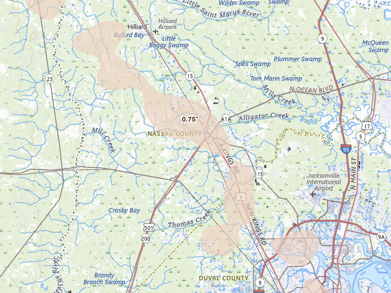 Radar-estimated hail-size map of the storm over Callahan, FL on Aug 13, 2026