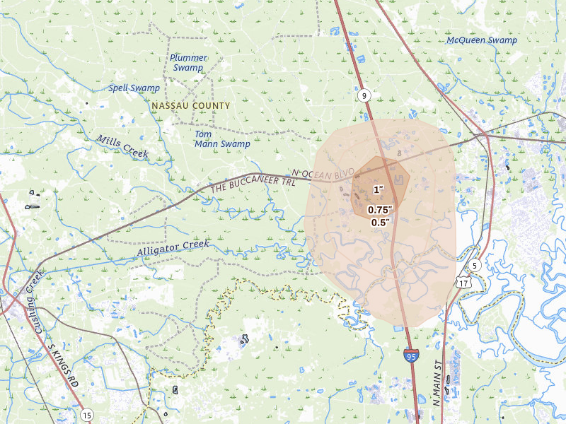Radar-estimated hail-size map of the storm over Callahan, FL on Aug 20, 2026