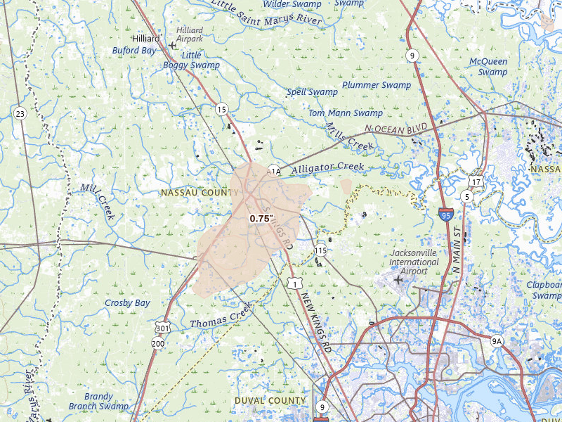 Radar-estimated hail-size map of the storm over Callahan, FL on Aug 24, 2026