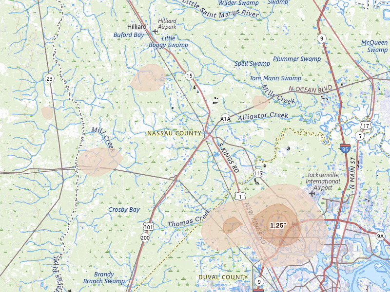 Radar-estimated hail-size map of the storm over Callahan, FL on Aug 25, 2026